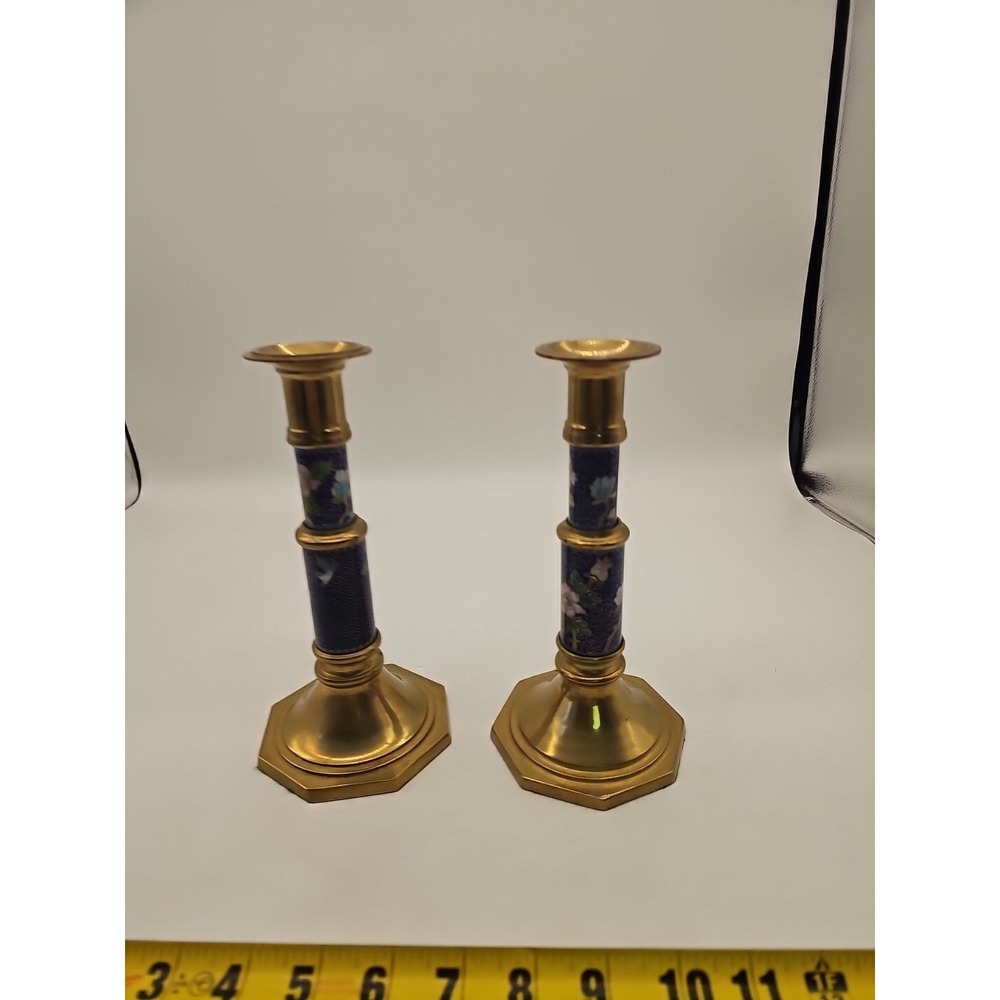 Candlestick Wonderful Floral / Bird Cloisonne Brass 8.5" High Asian Oriental X2